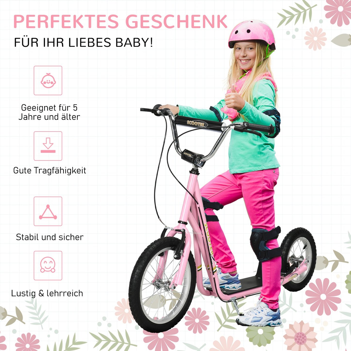 Pink children's scooter with brakes, adjustable height