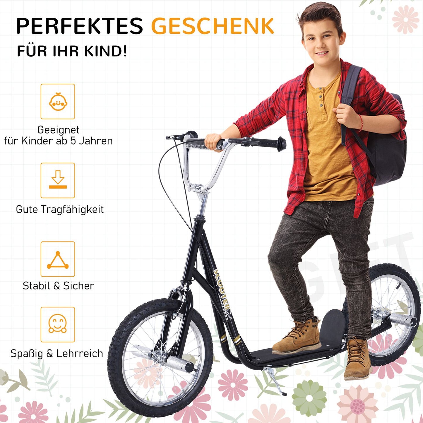Children's scooter, 16-inch, pneumatic tires, black