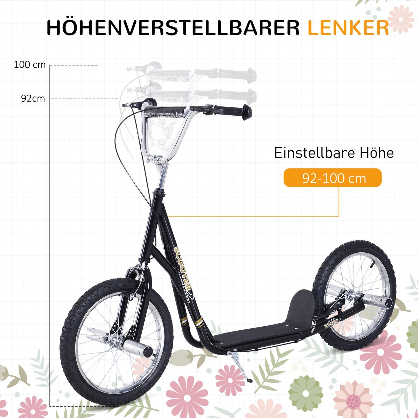 Children's scooter, 16-inch, pneumatic tires, black