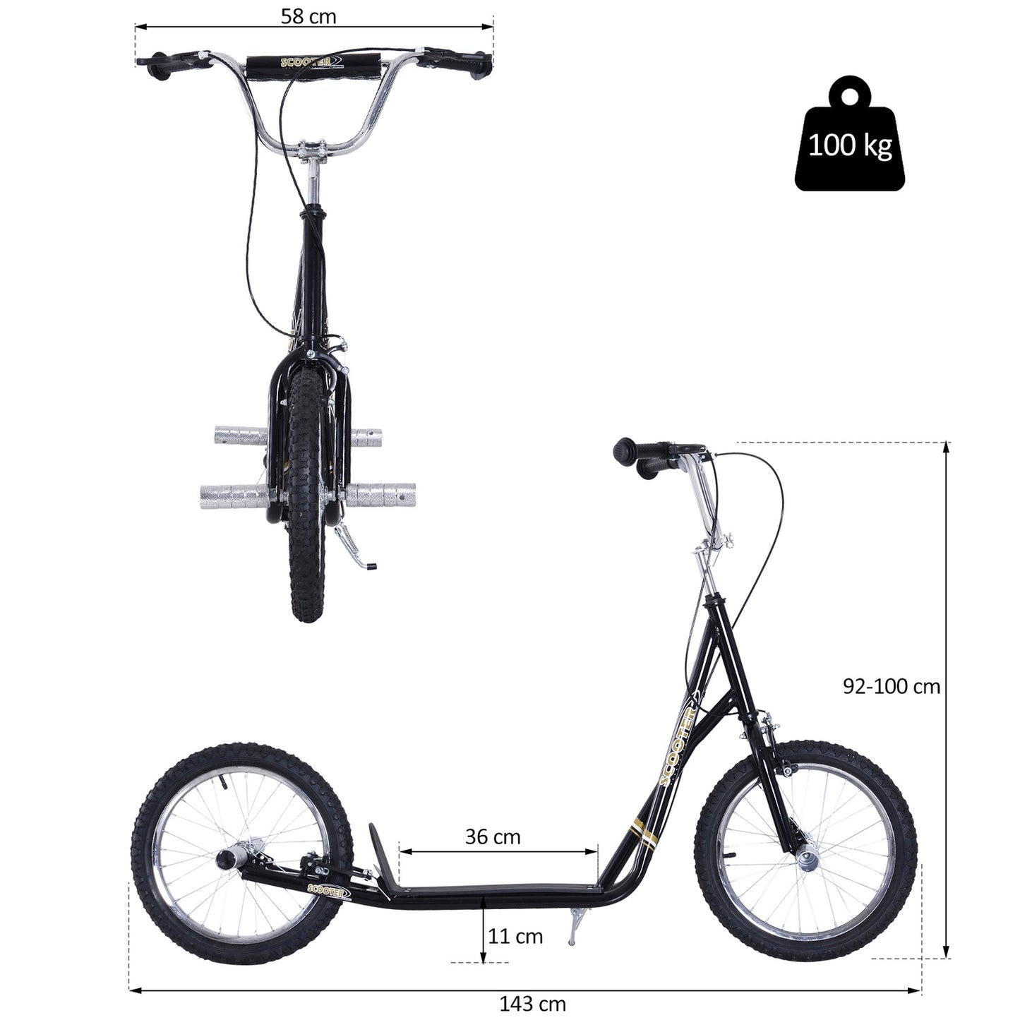 Children's scooter, 16-inch, pneumatic tires, black
