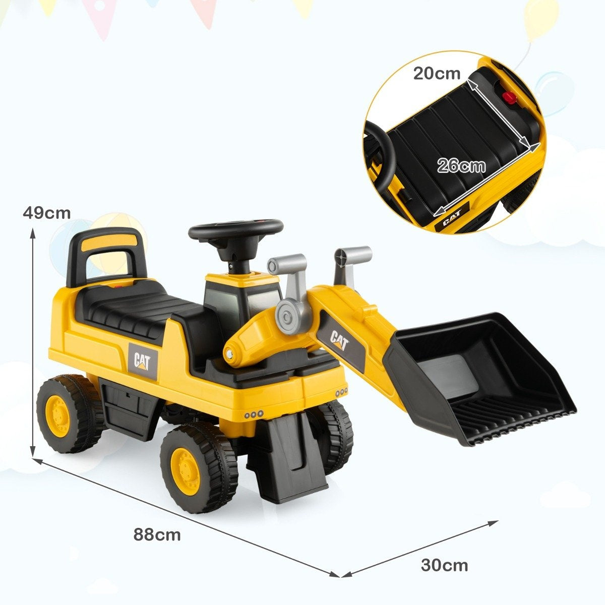 Children's seat excavator with storage space under the seat & adjustable bucket for 1-3 year olds