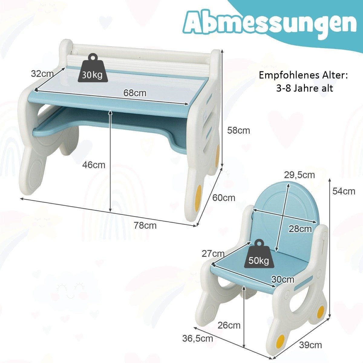 Children's seating group with height and tilt-adjustable table top drawing table blue