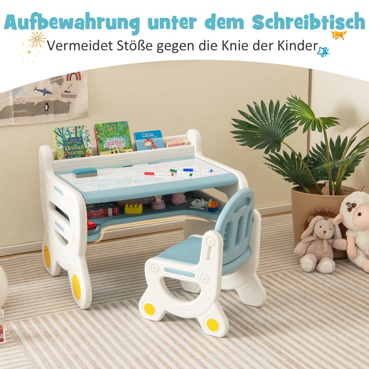 Children's seating group with height and tilt-adjustable table top drawing table blue