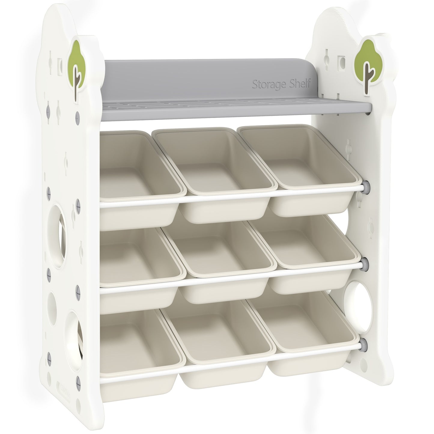 Children's 4-tier toy shelf, 9 removable bins, cream white