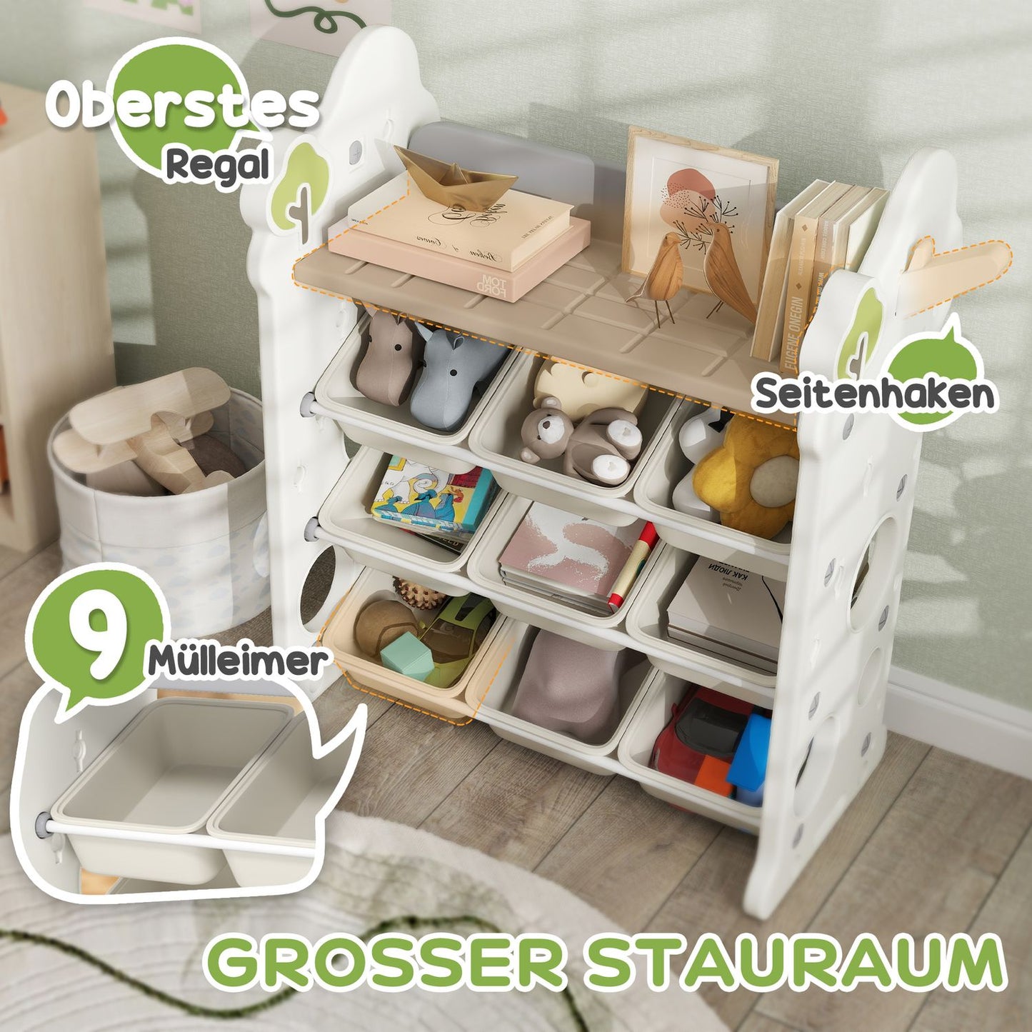 Children's 4-tier toy shelf, 9 removable bins, cream white