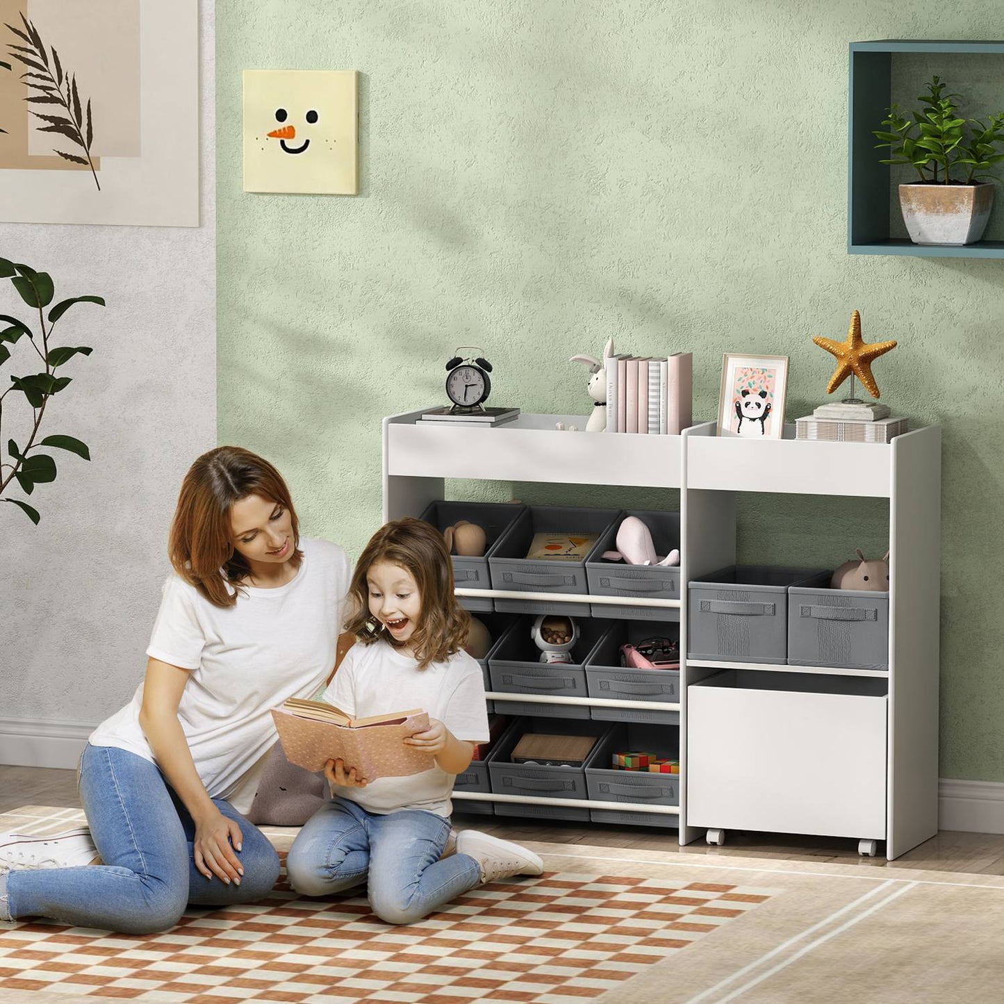 Toy shelf for children with 11 fabric drawers, 105x30x80 cm