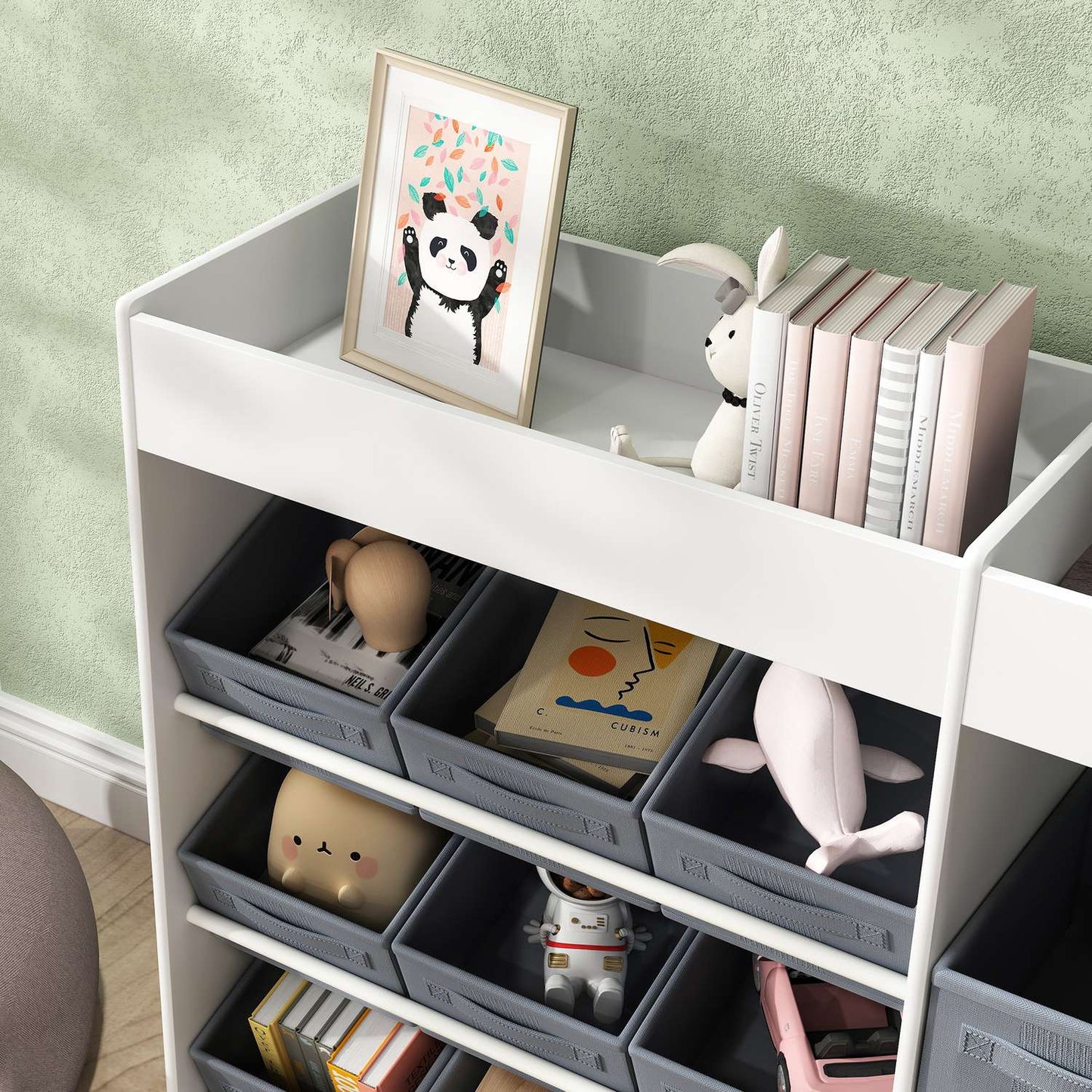 Toy shelf for children with 11 fabric drawers, 105x30x80 cm