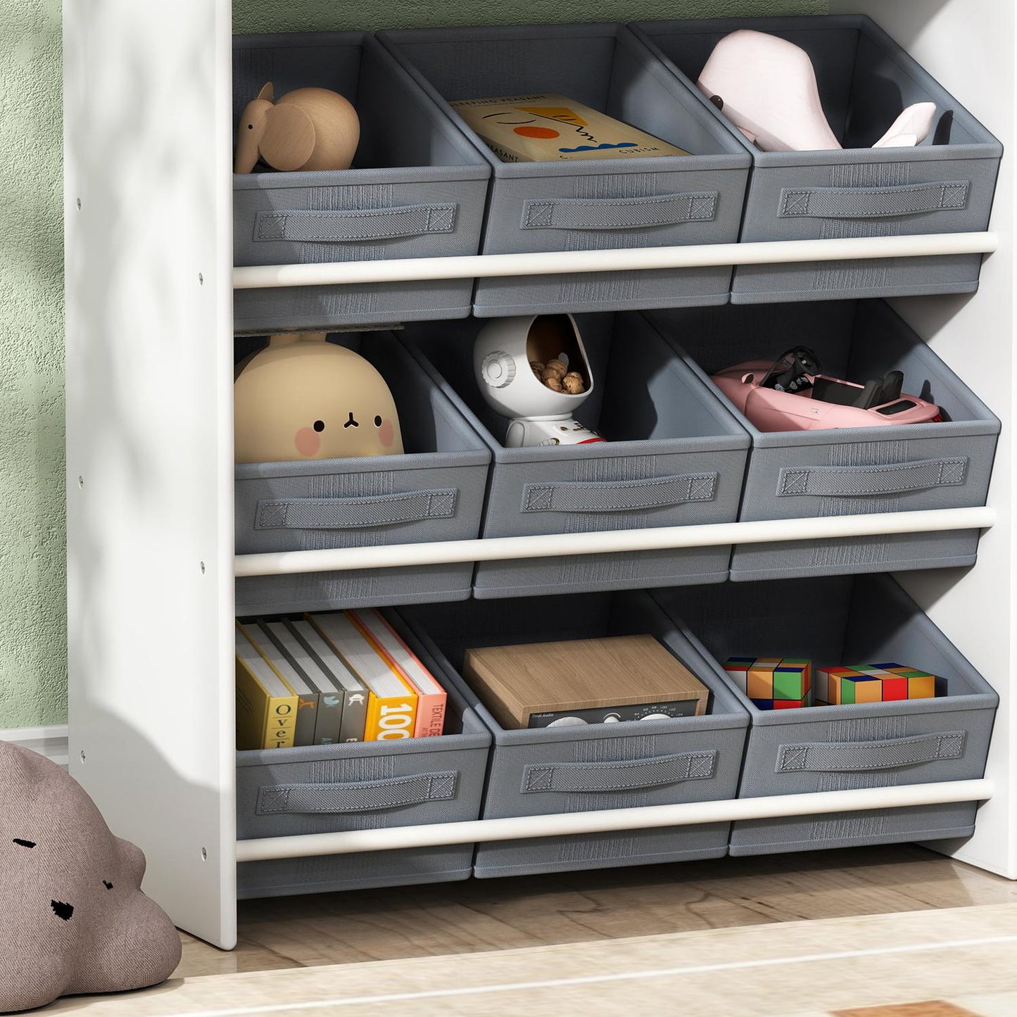 Toy shelf for children with 11 fabric drawers, 105x30x80 cm