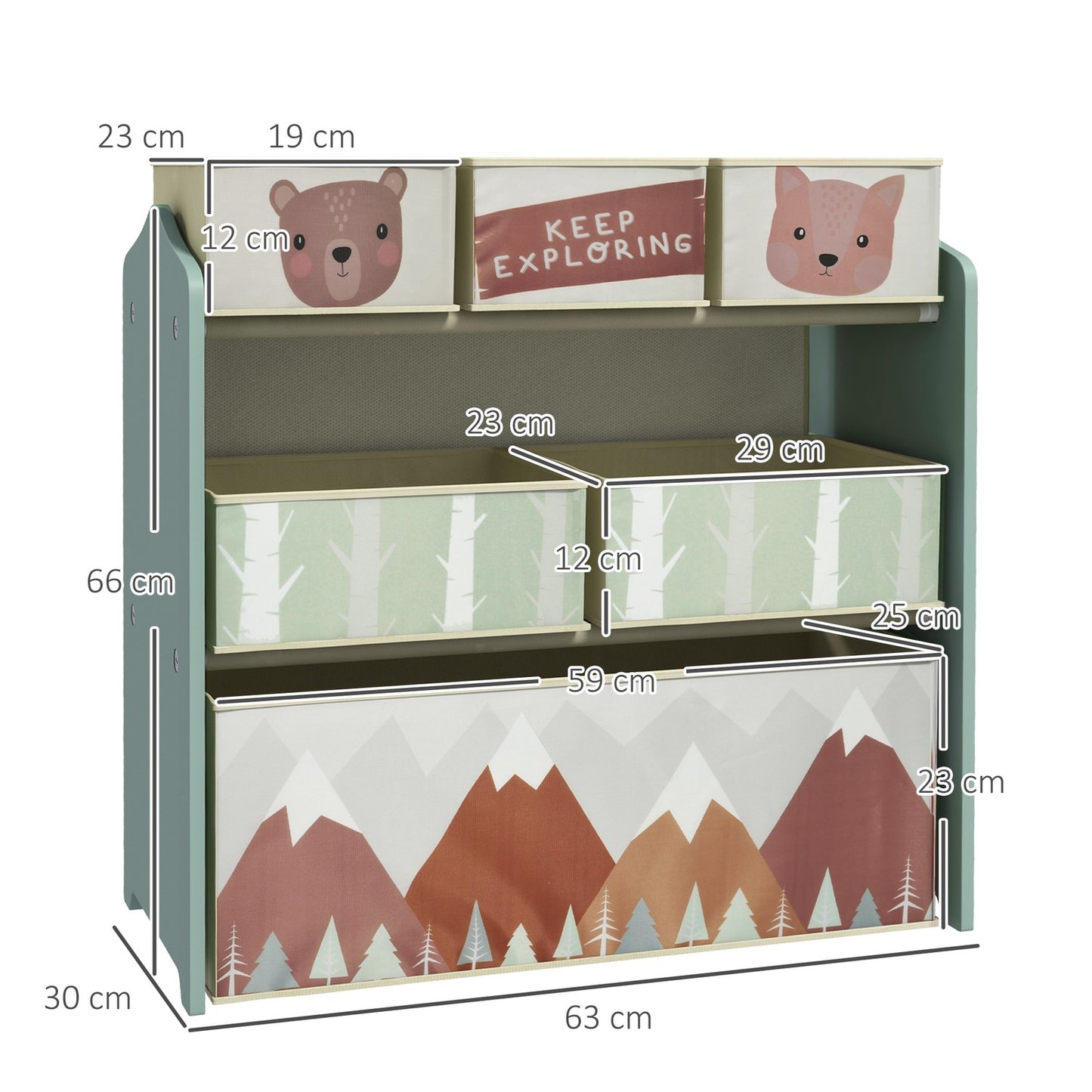 Storage shelf for children's toys with 6 green fabric compartments