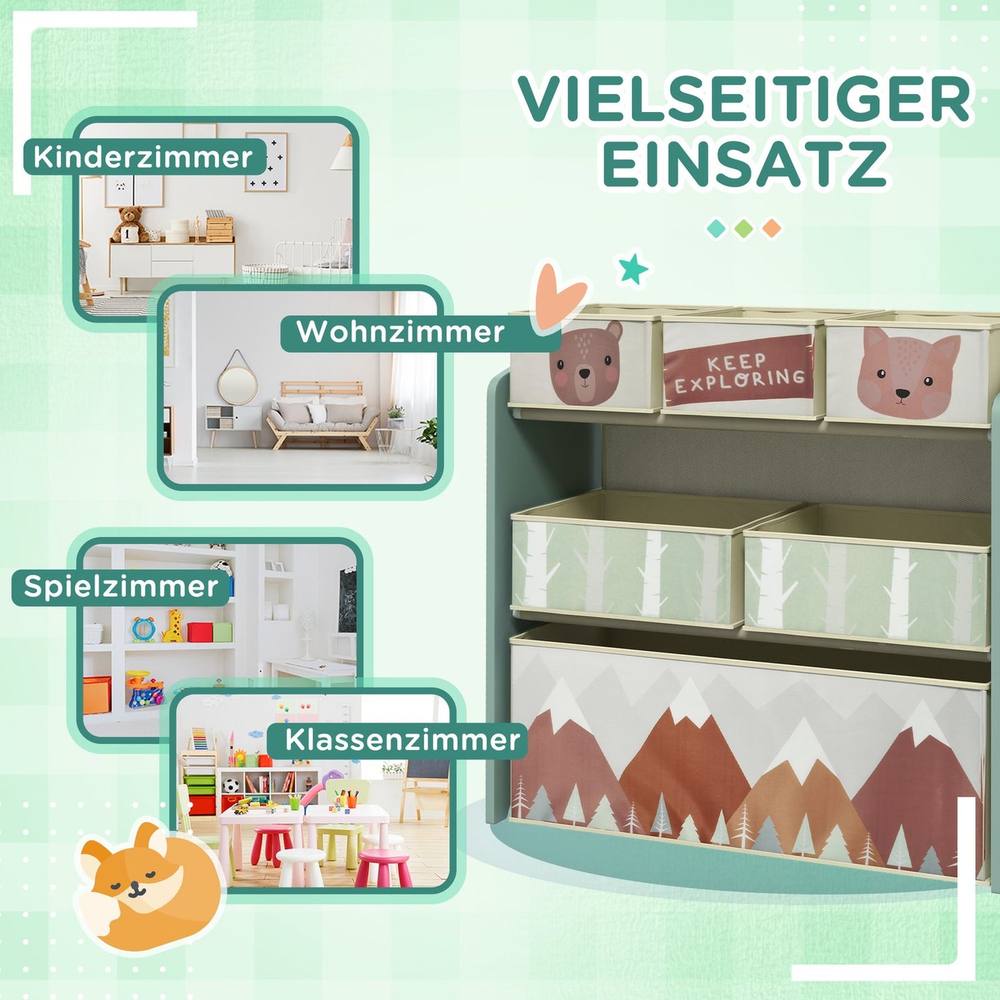 Storage shelf for children's toys with 6 green fabric compartments