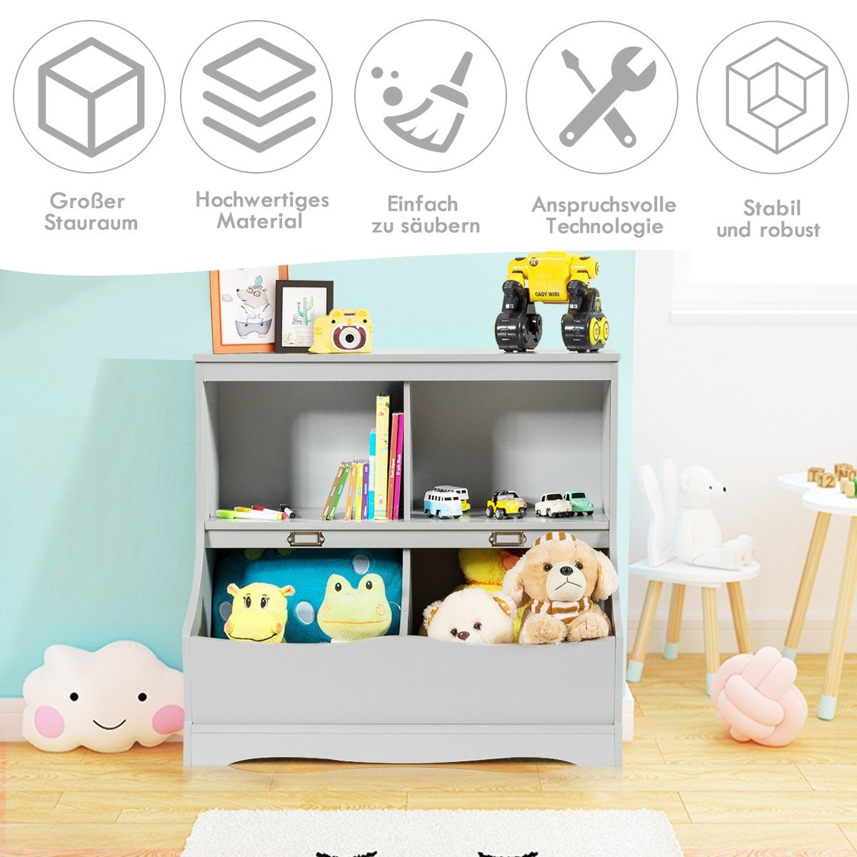 Children's shelf with 4 compartments, toy shelf, bookcase for children, 67 x 40 x 62 cm, grey