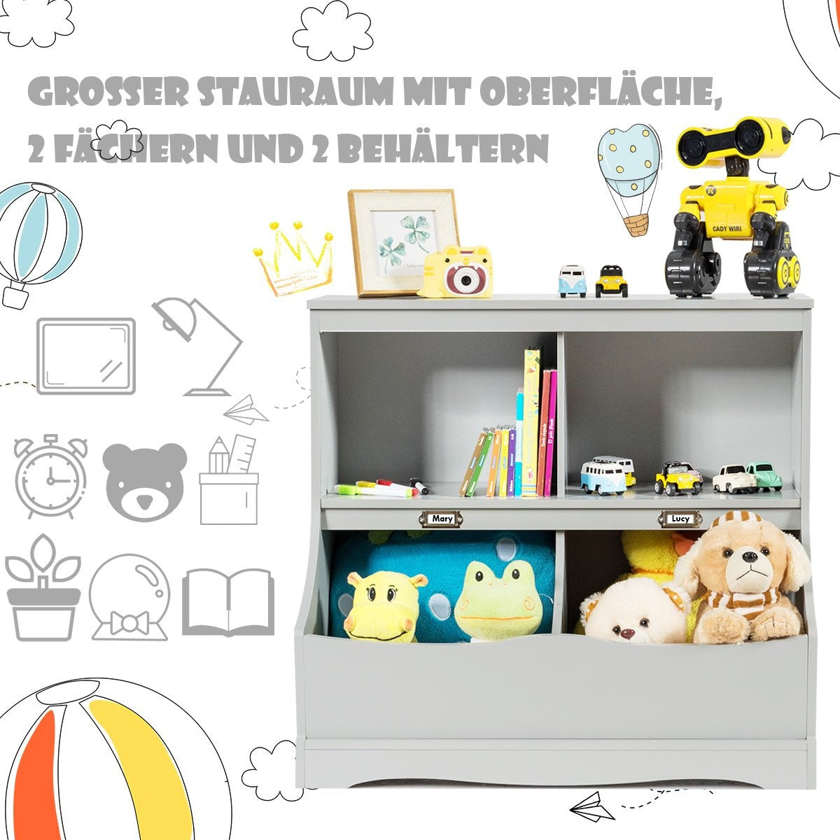 Children's shelf with 4 compartments, toy shelf, bookcase for children, 67 x 40 x 62 cm, grey