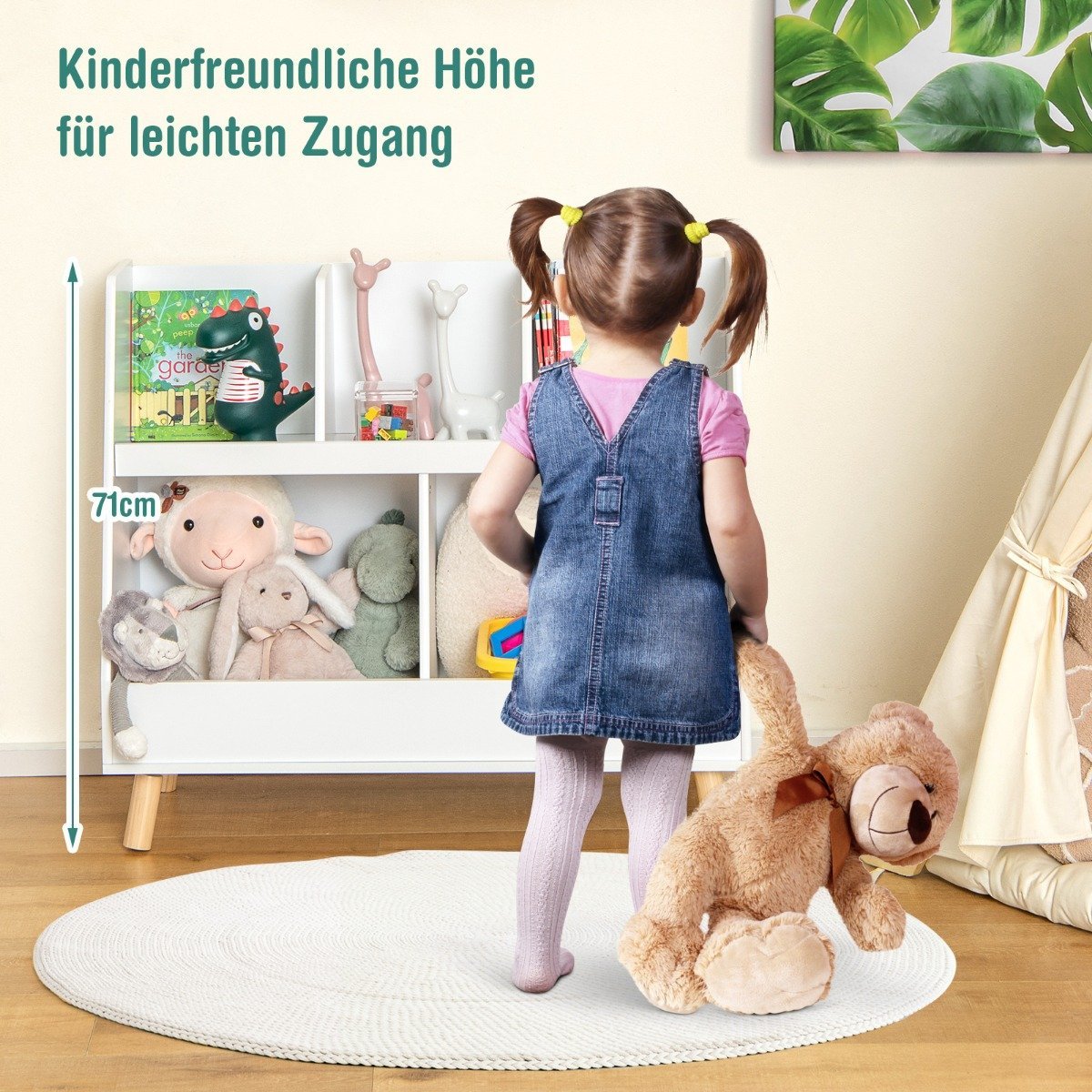 Children's shelf with 5 open compartments bookcase children's room shelf with solid wood legs white