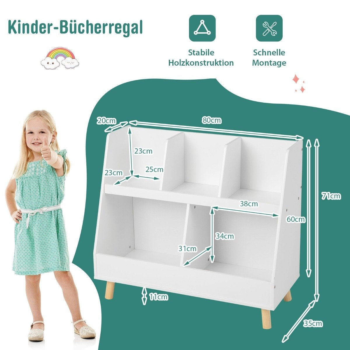 Children's shelf with 5 open compartments bookcase children's room shelf with solid wood legs white
