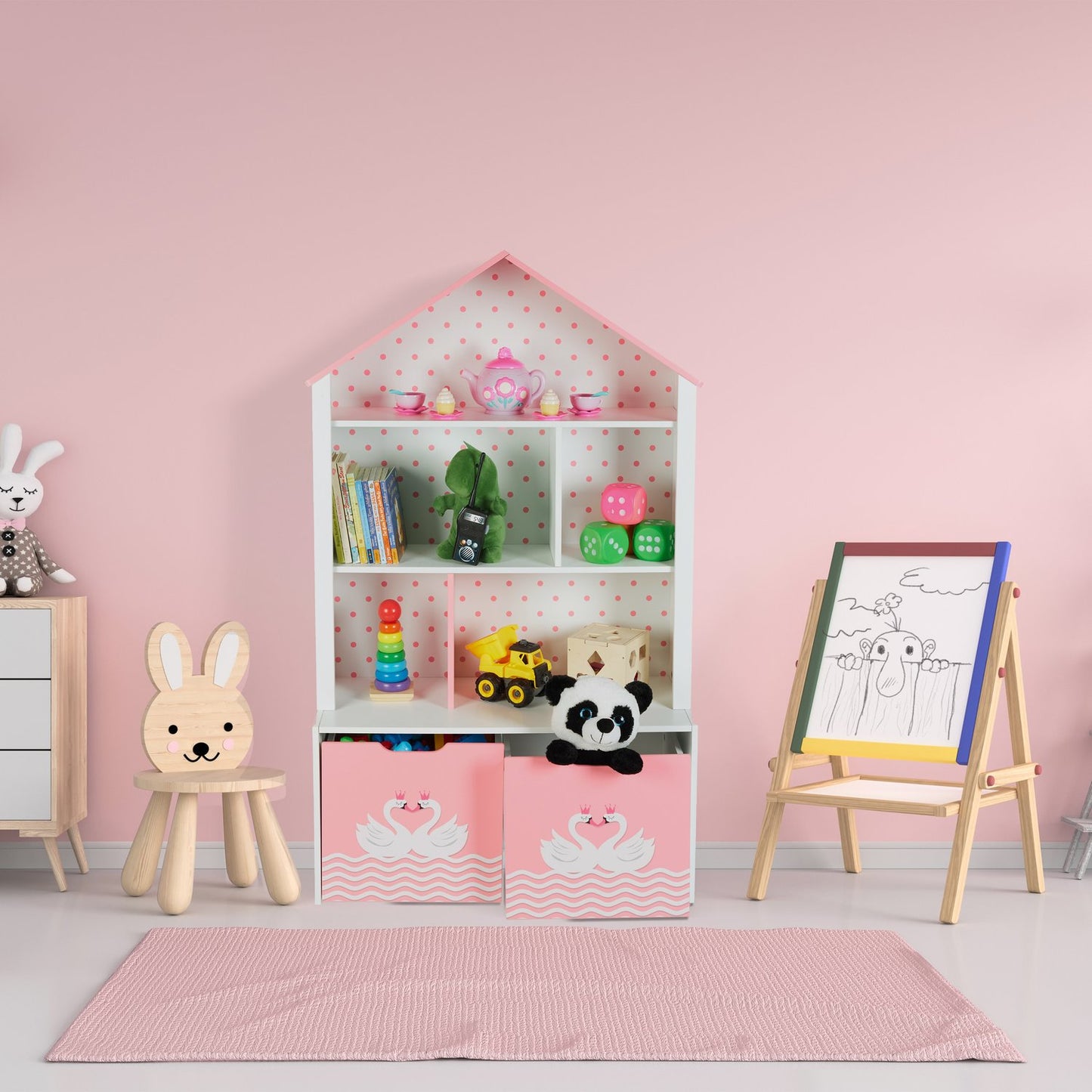 Children's shelf with roof in swan pattern