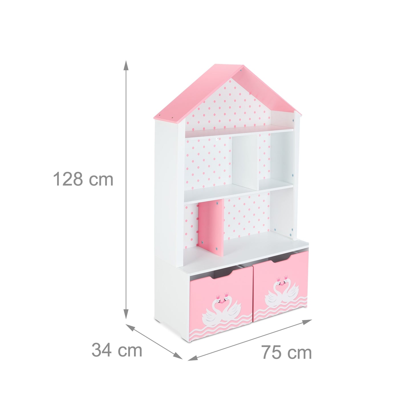 Children's shelf with roof in swan pattern