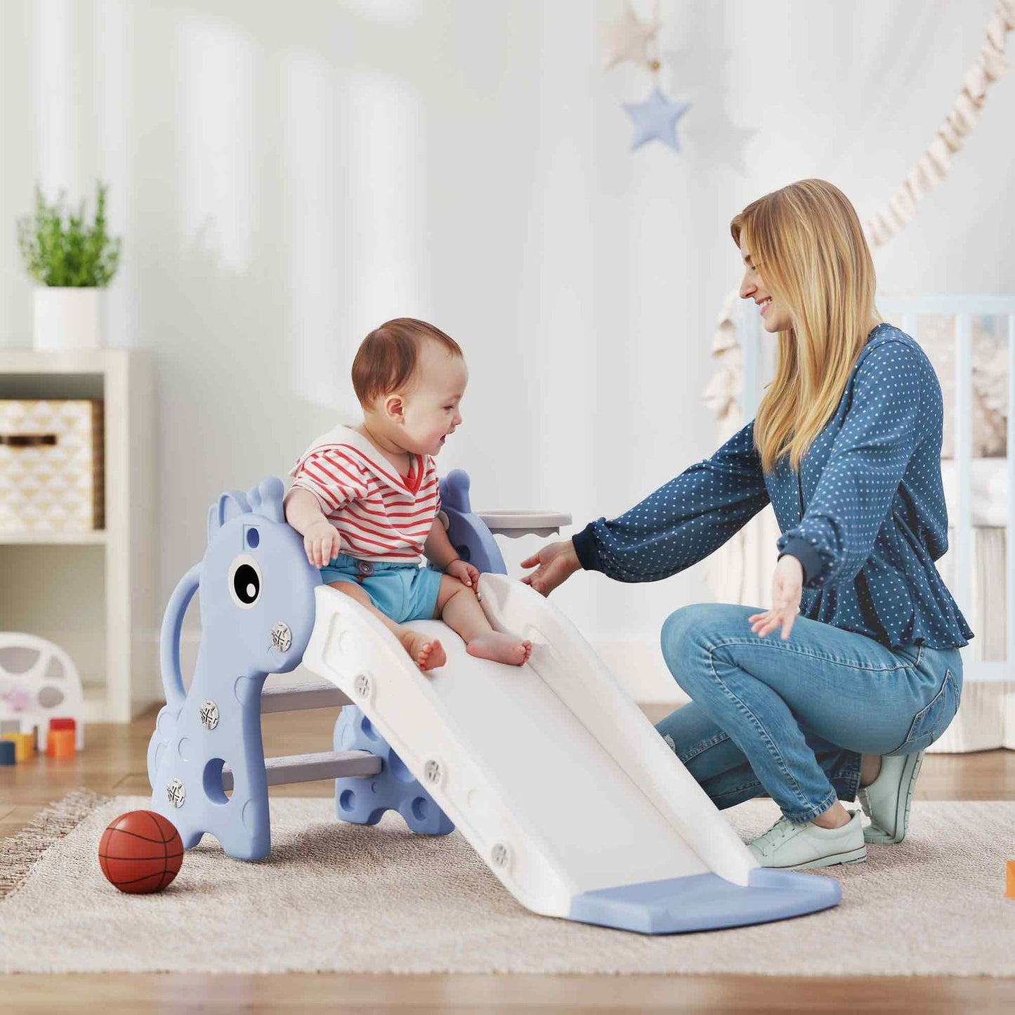 3-in-1 slide for toddlers with basketball hoop, indoor blue