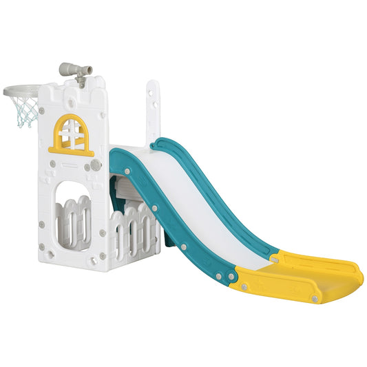 Children's slide, 4 in 1, toddler slide with basketball hoop, telescopic climbing frame yellow 70 x 177 x 92 cm