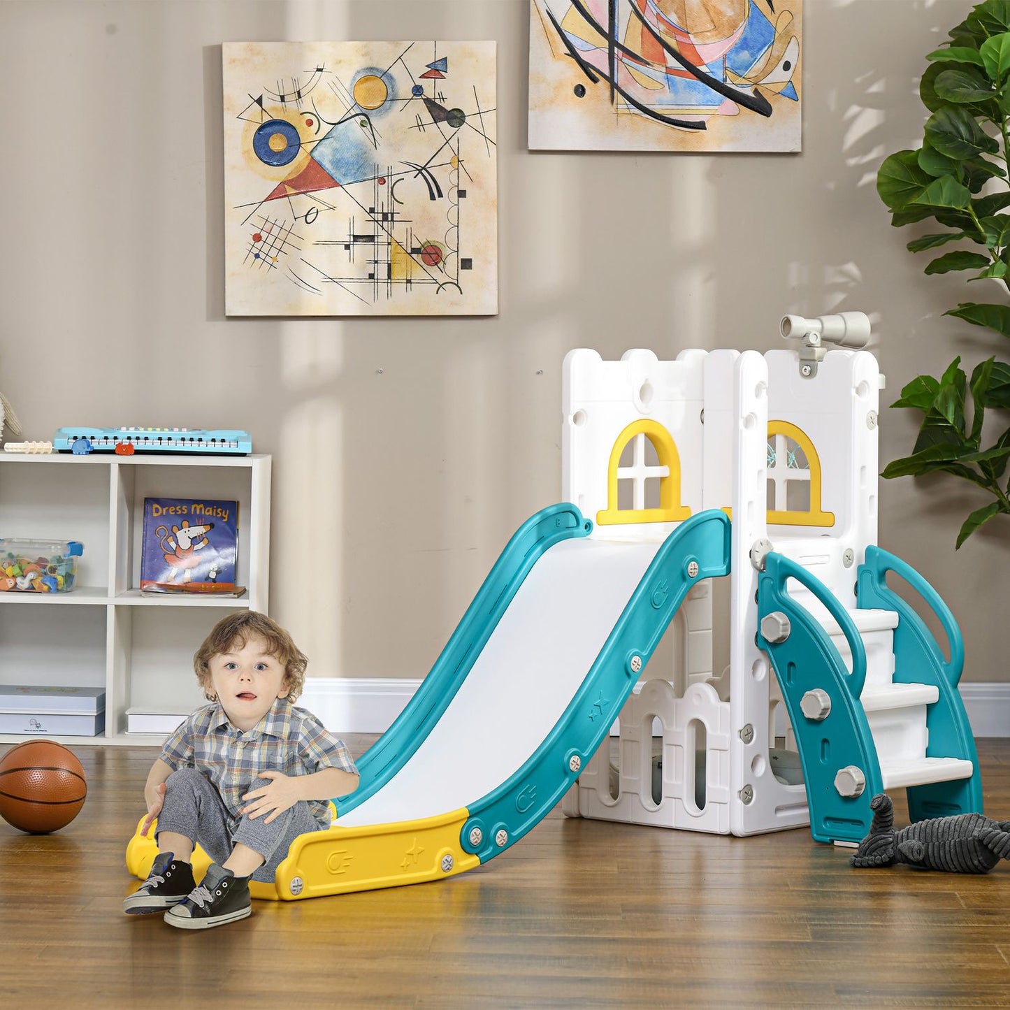Children's slide, 4 in 1, toddler slide with basketball hoop, telescopic climbing frame yellow 70 x 177 x 92 cm