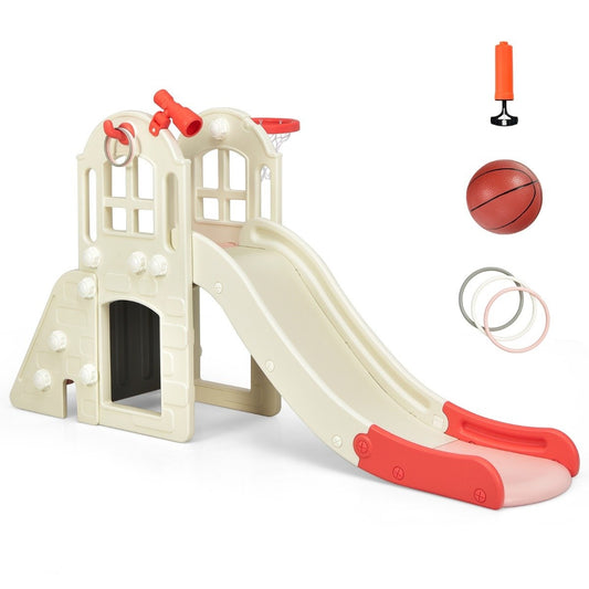 Children's slide climbing slide with basketball hoop ball ring toss and telescope 189.5 x 83 x 98 cm pink