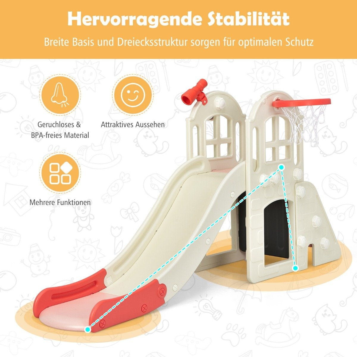 Children's slide climbing slide with basketball hoop ball ring toss and telescope 189.5 x 83 x 98 cm pink