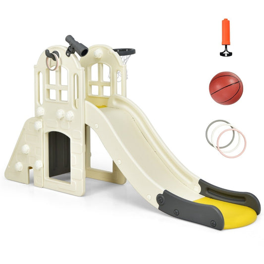 Children's slide climbing slide with basketball hoop ball ring toss and telescope 189.5 x 83 x 98 cm yellow