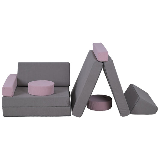 Modular foam sofa for children, 12-piece play sofa, grey/pink