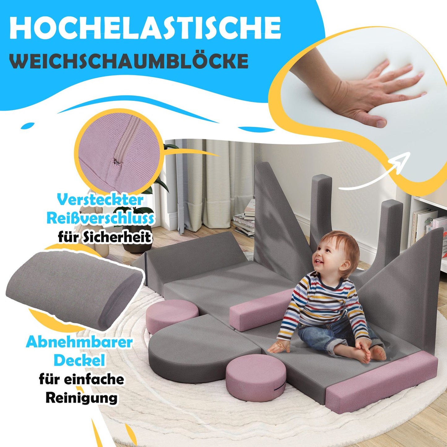 Modular foam sofa for children, 12-piece play sofa, grey/pink