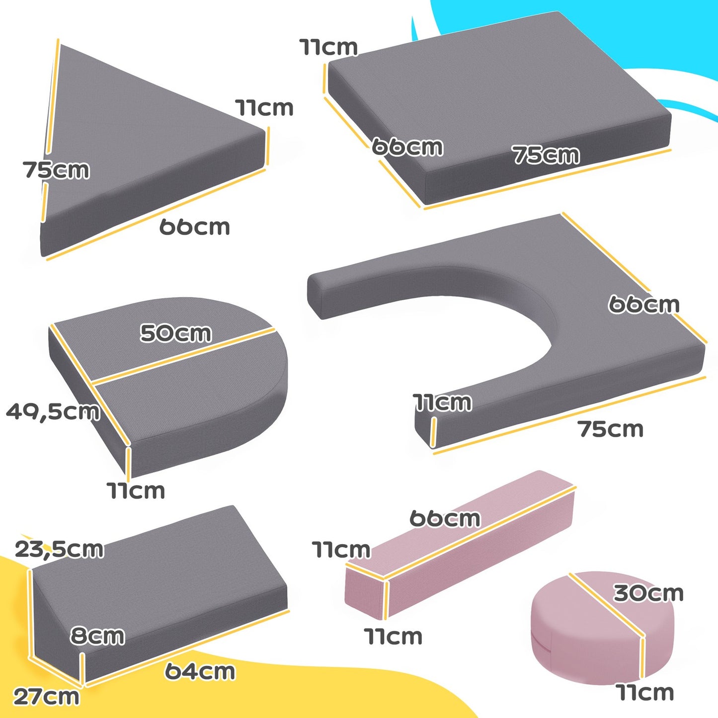 Modular foam sofa for children, 12-piece play sofa, grey/pink