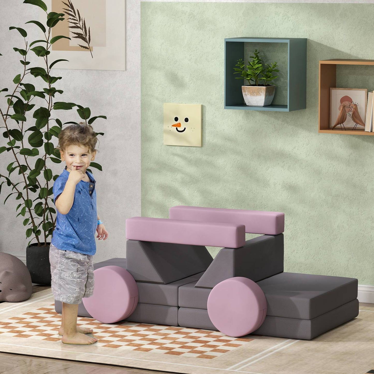 Modular foam sofa for children, 12-piece play sofa, grey/pink