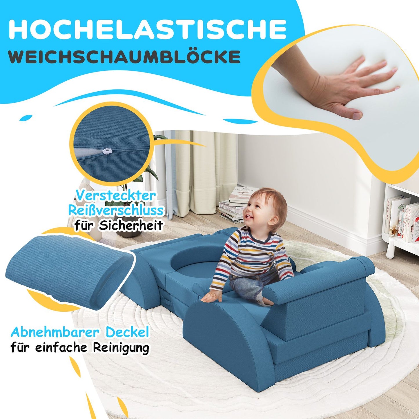 Blue Foam Sofa for Kids - 14 Piece Modular Playset