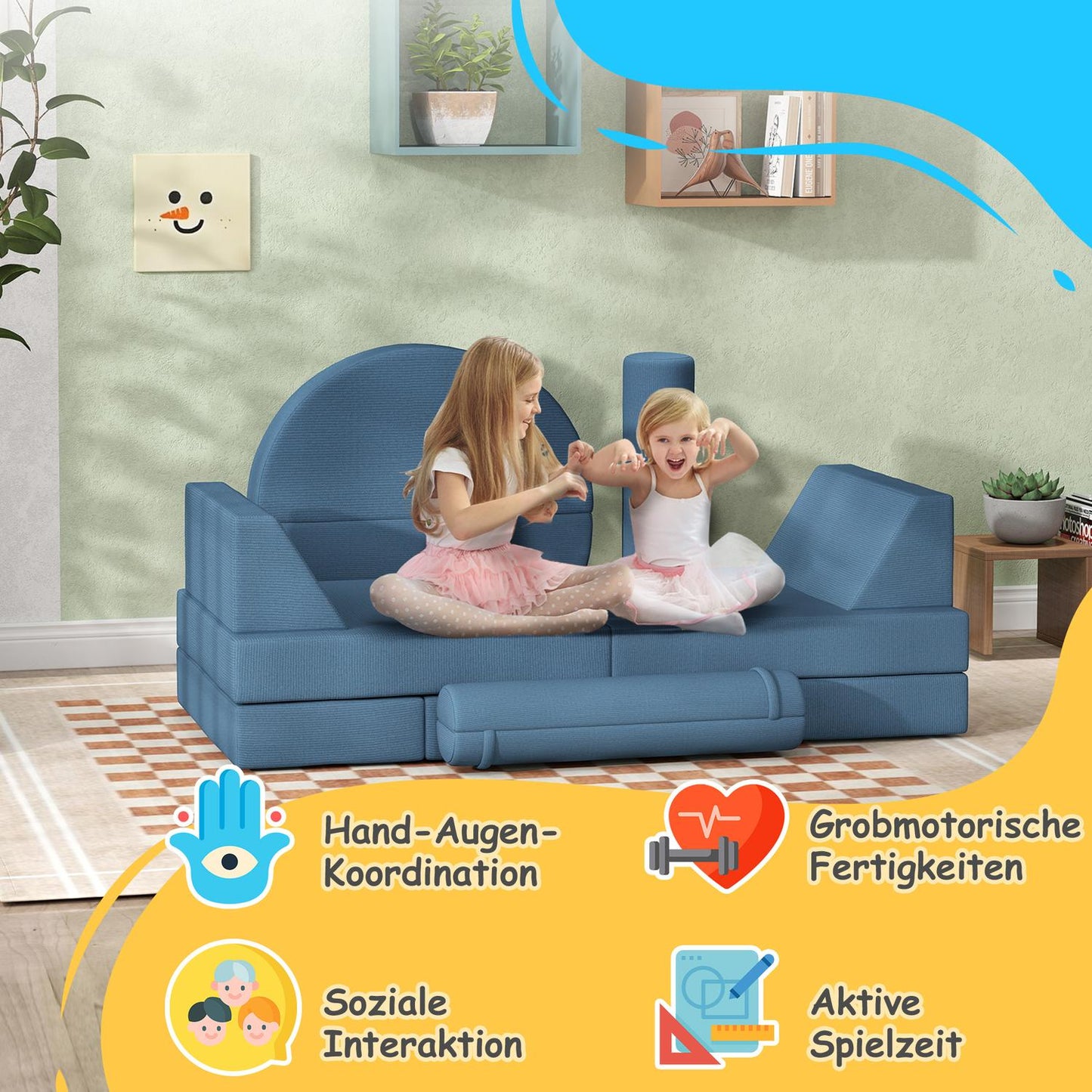 Blue Foam Sofa for Kids - 14 Piece Modular Playset