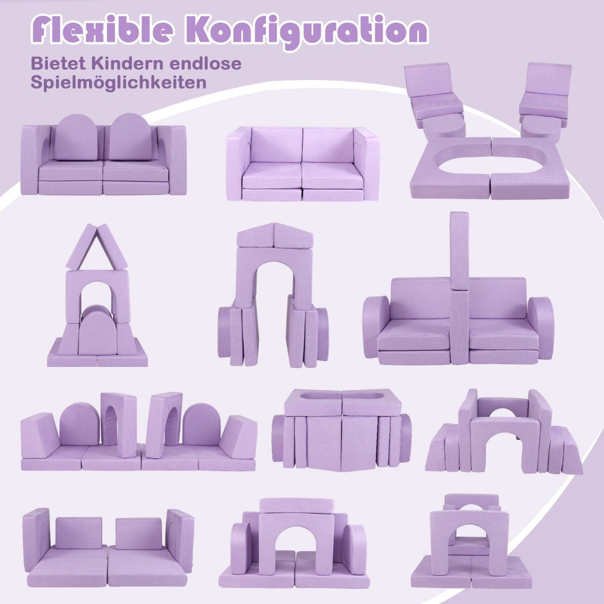 Children's sofa 8-piece play sofa made of foam building blocks with comfortable suede fabric purple