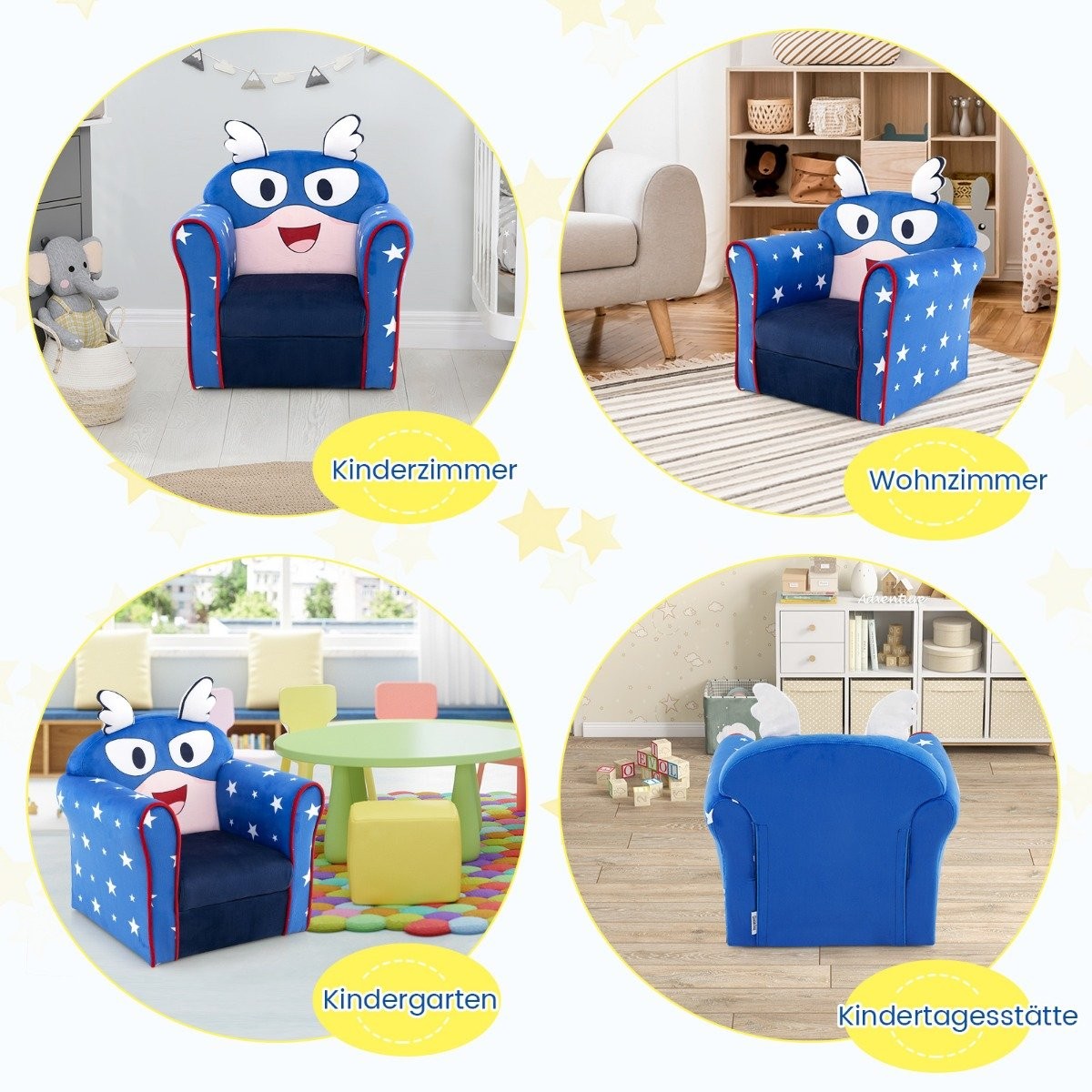 Children's sofa, toddlers, upholstered armrest chair with solid wooden frame, 50 x 40 x 54 cm, blue