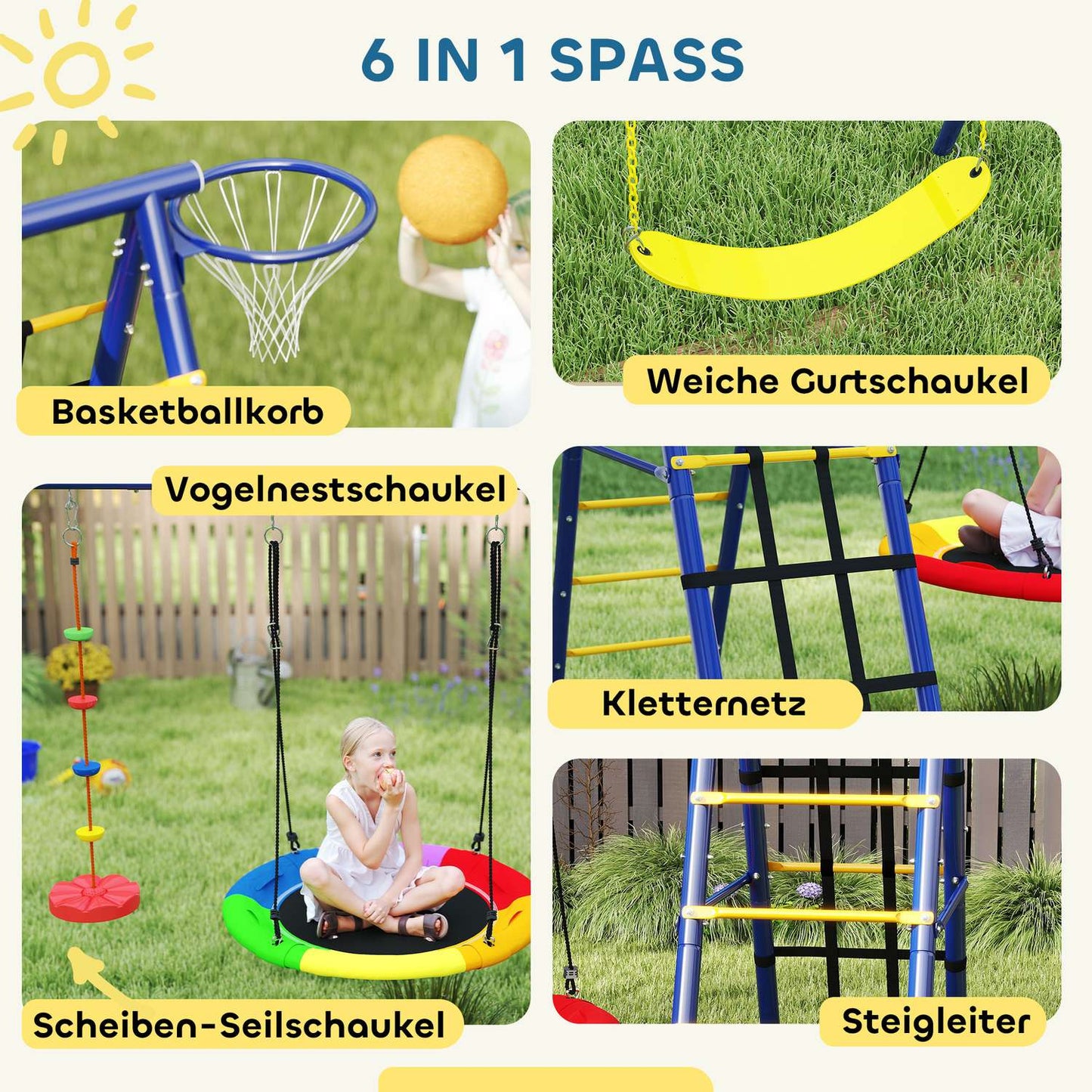 Children's 6-in-1 swing set in steel with climbing net