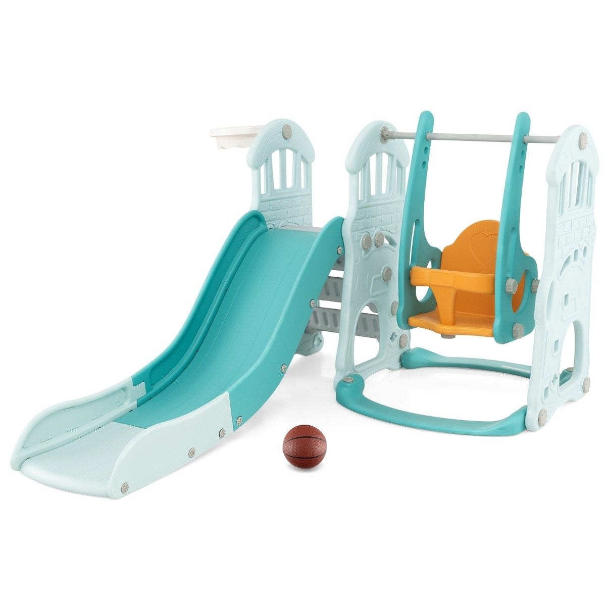 Children's swing with height-adjustable baby slide 4 in 1 swing & slide & basketball hoop & ladder green