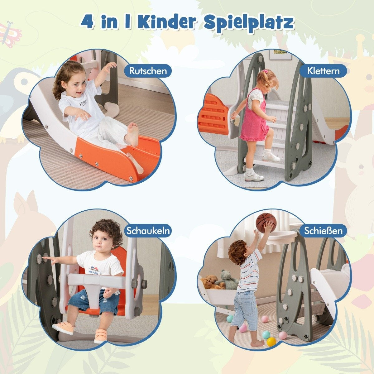 Children's swing with slide foldable 4 in 1 swing & slide & basketball hoop & ladder orange