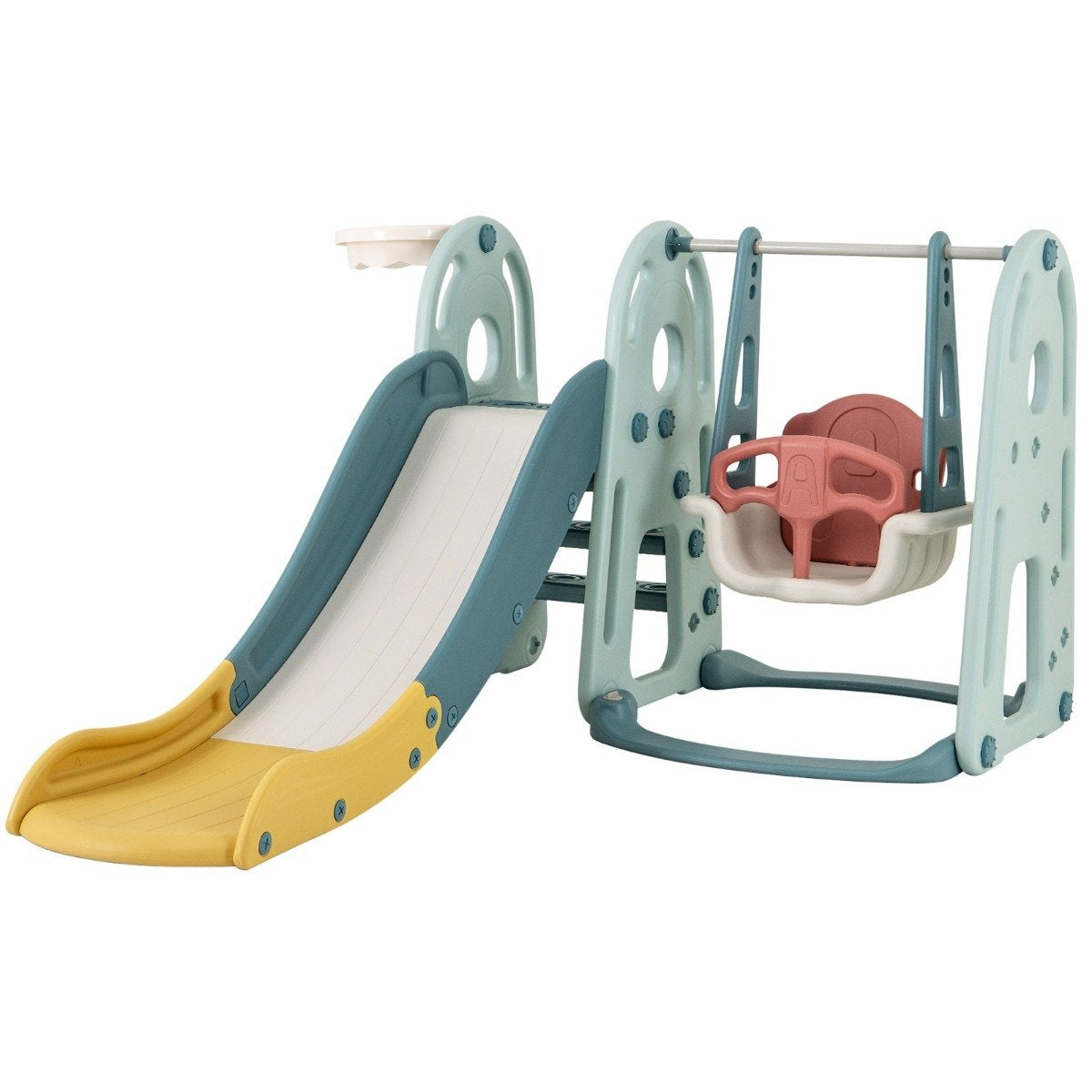 Children's swing with slide, height-adjustable seat, 4 in 1 swing & slide & basketball hoop & ladder for children from 18 months