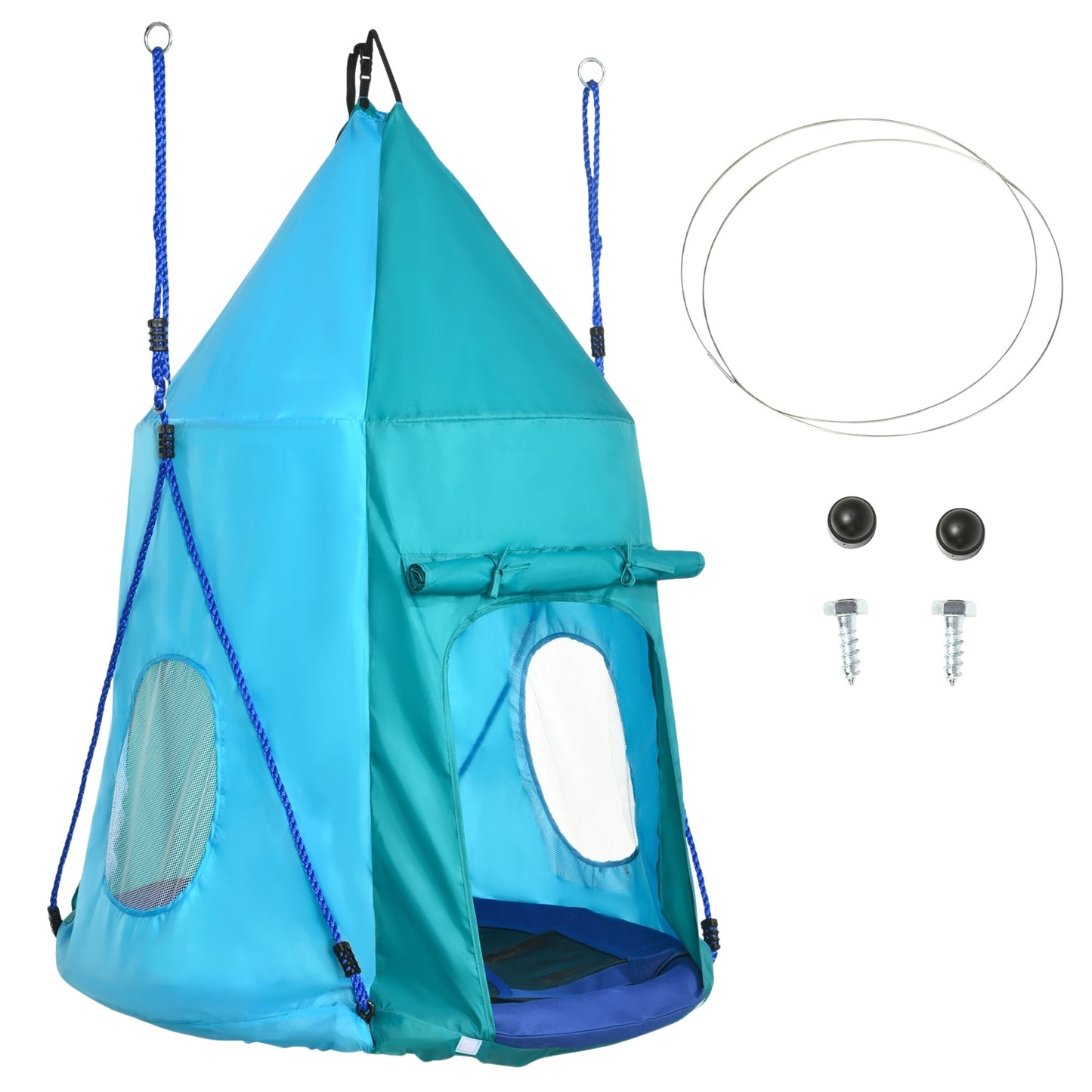 Children's swing with tent, adjustable, waterproof, blue-green