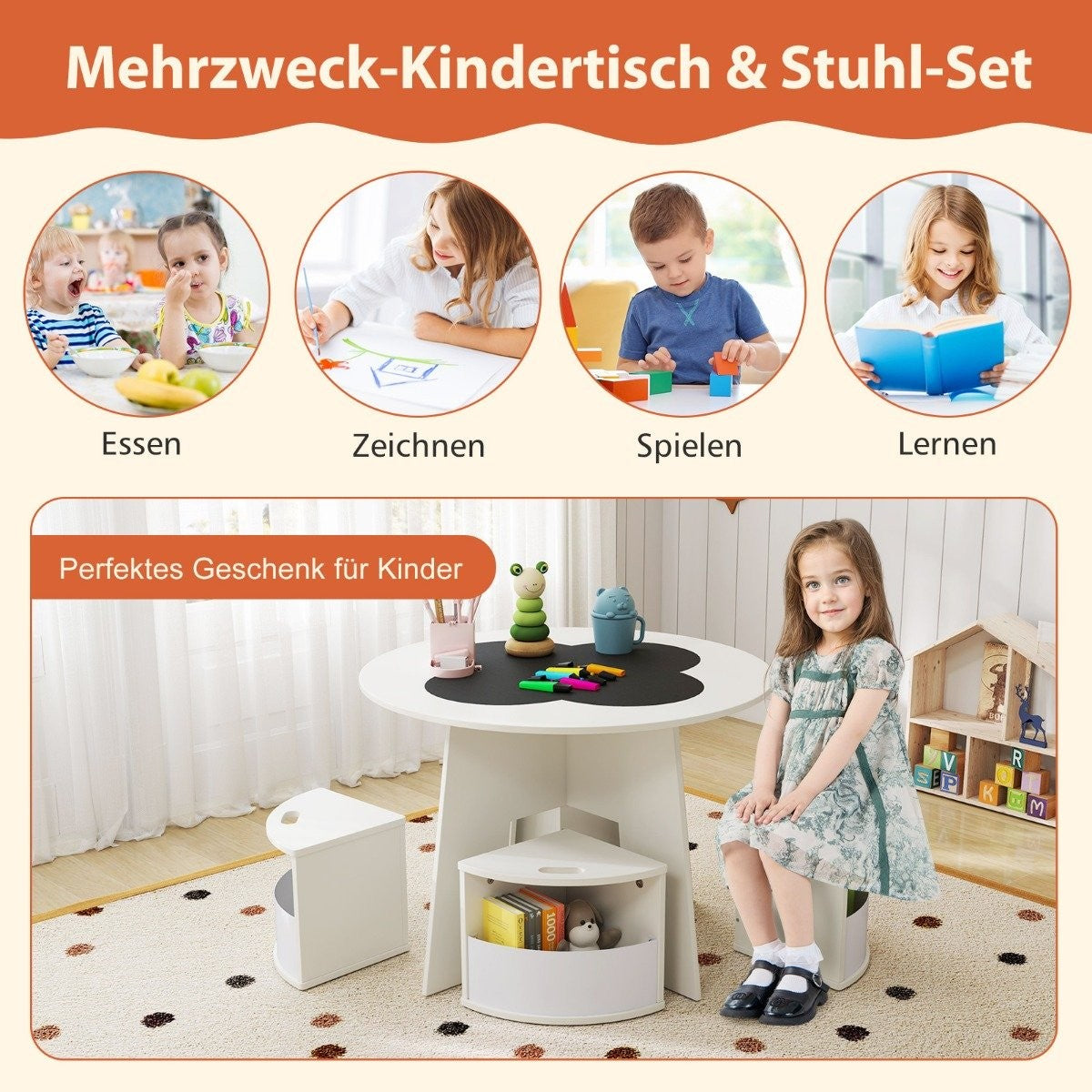 Children's table and chair set, round, 5-piece wooden children's seating group with 4 storage stools, white
