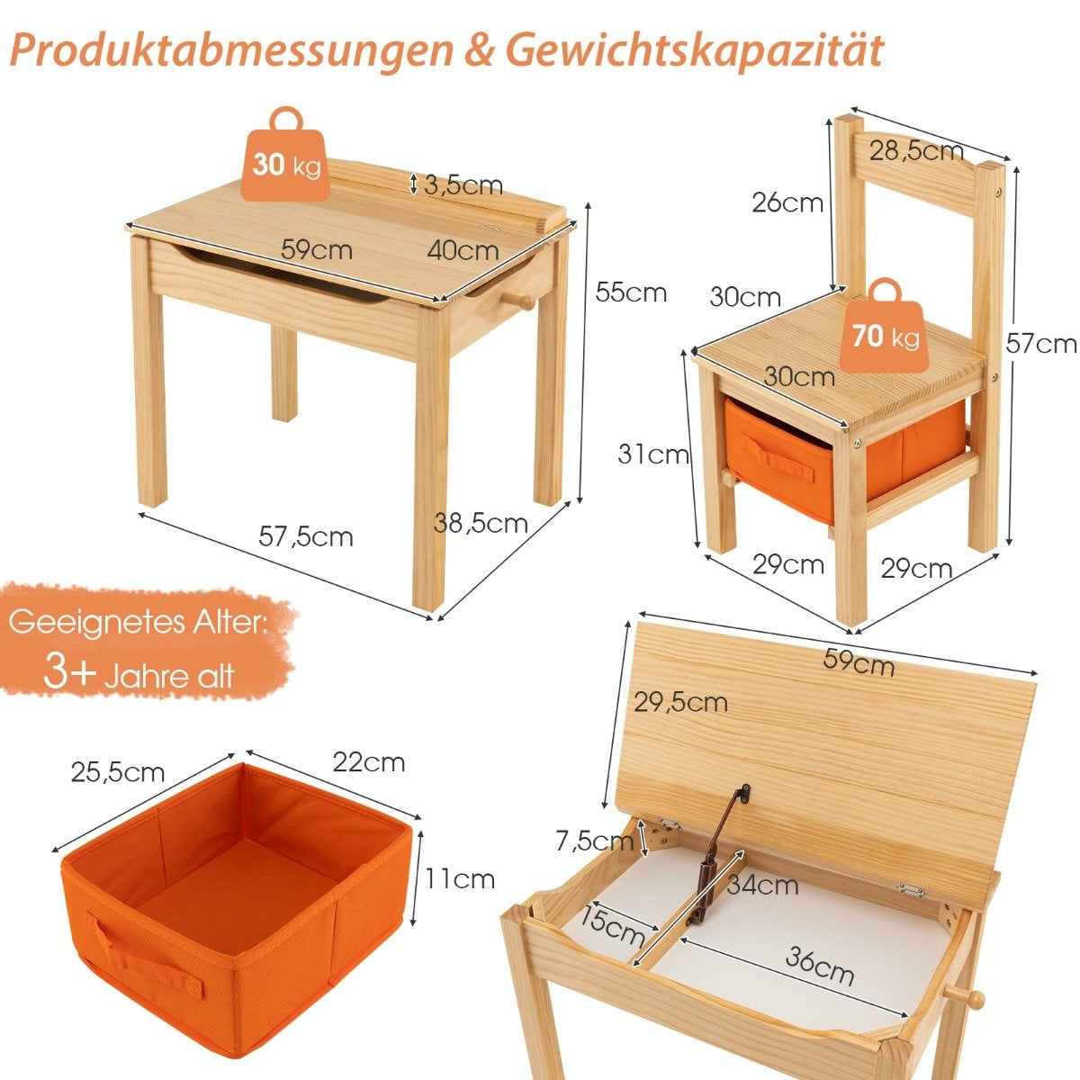 Children's table + chair made of solid wood with folding table top & drawer & hooks natural