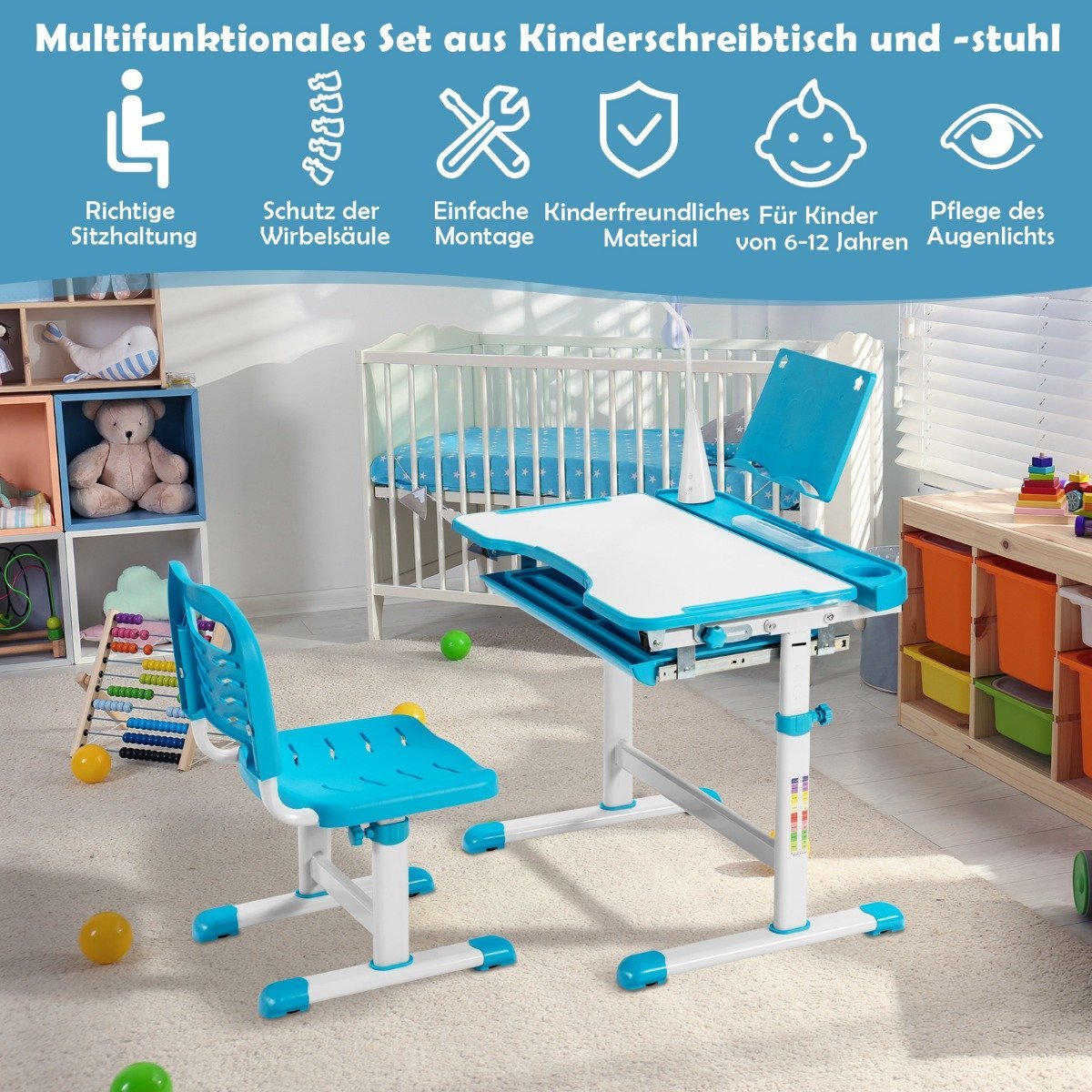 Children's table children's desk set with book stand & LED light for boys and girls blue