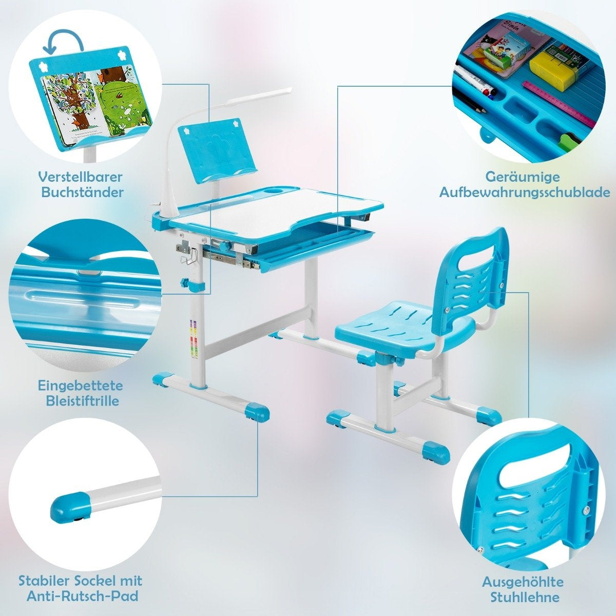 Children's table children's desk set with book stand & LED light for boys and girls blue