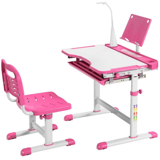 Children's table children's desk set with book stand and LED light for boys and girls pink