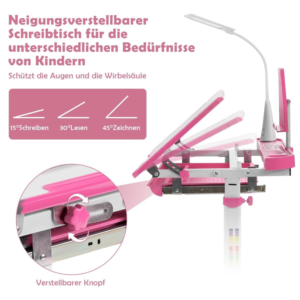 Children's table children's desk set with book stand and LED light for boys and girls pink
