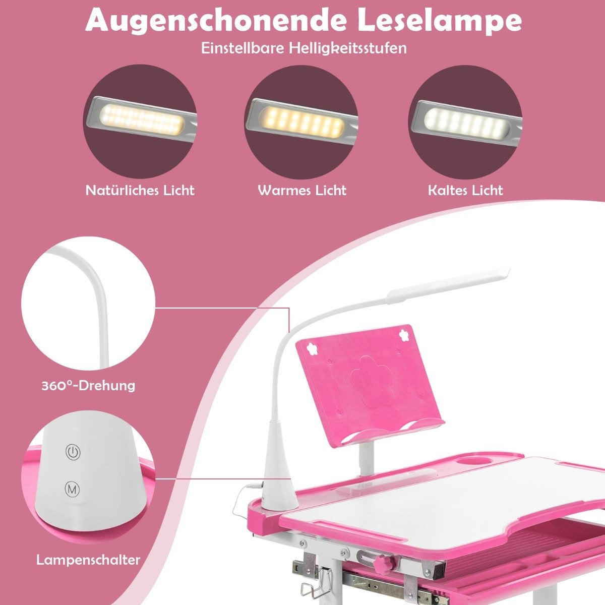 Children's table children's desk set with book stand and LED light for boys and girls pink