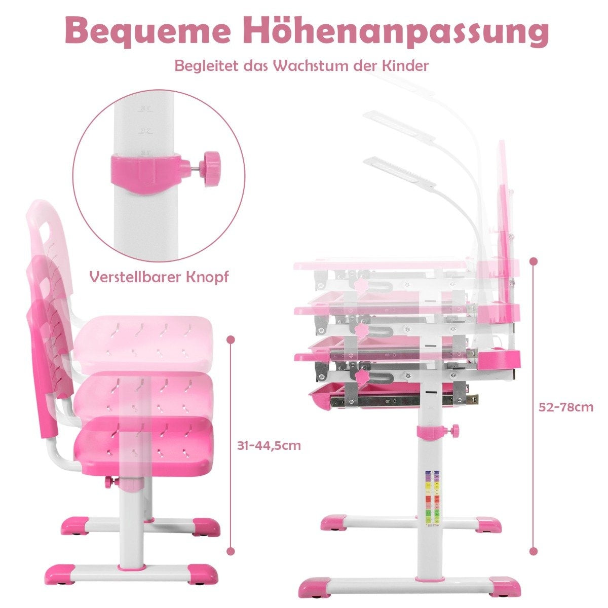 Children's table children's desk set with book stand and LED light for boys and girls pink