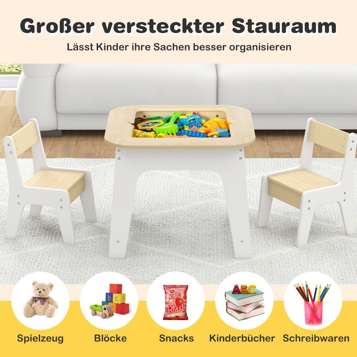 Children's table with 2 chairs 3-piece children's seating group made of wood with double-sided table top
