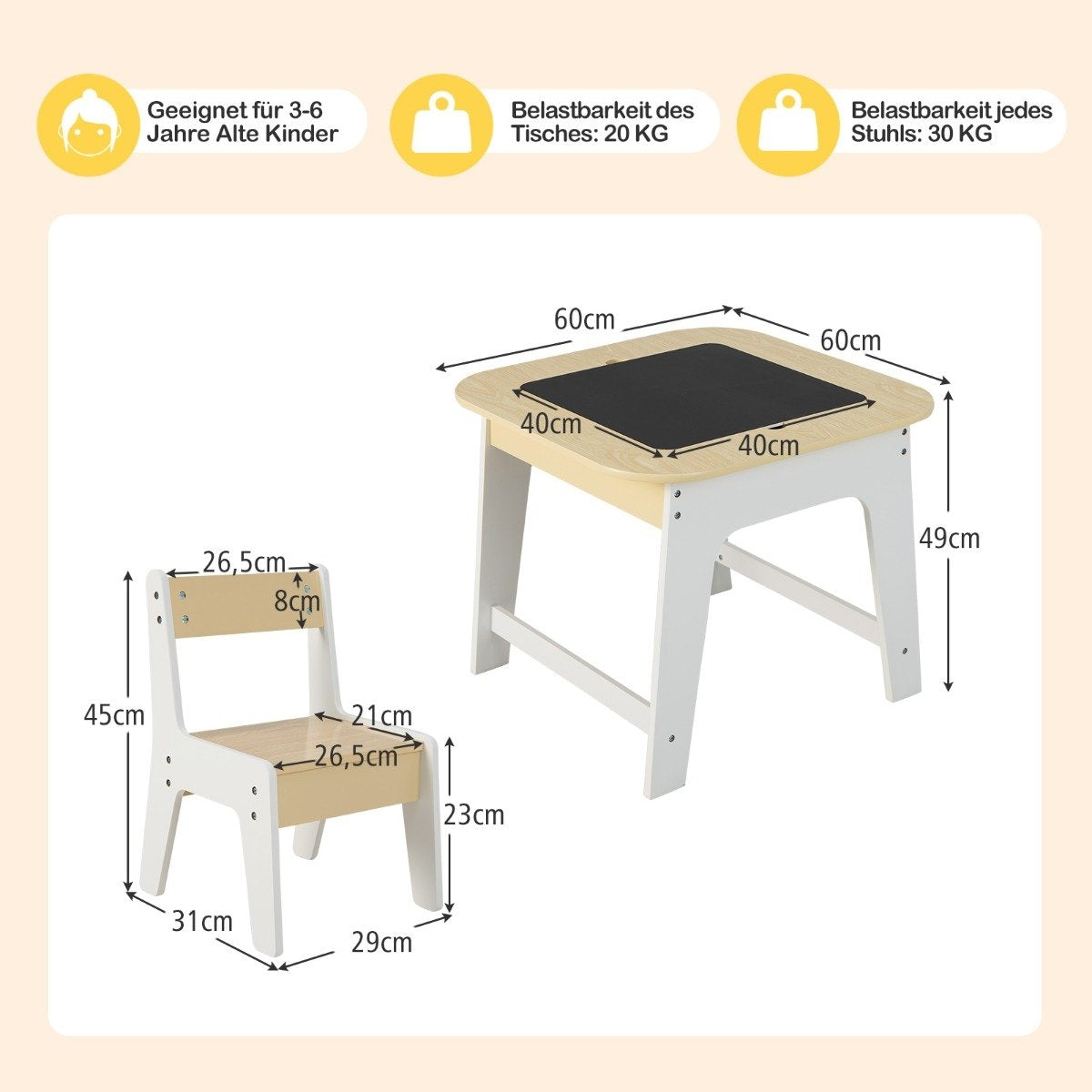 Children's table with 2 chairs 3-piece children's seating group made of wood with double-sided table top