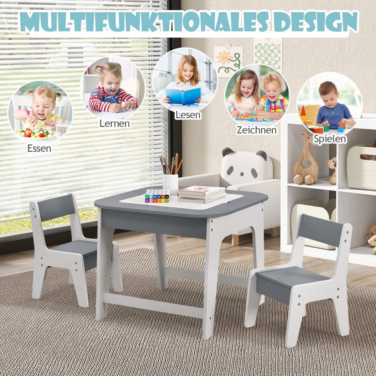 Children's table with 2 chairs 3-piece children's seating group made of wood with double-sided table top grey